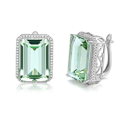 925 Sterling Silver Earrings For Women 20.65ct Natural Green Amethyst Crystal Stud Earring