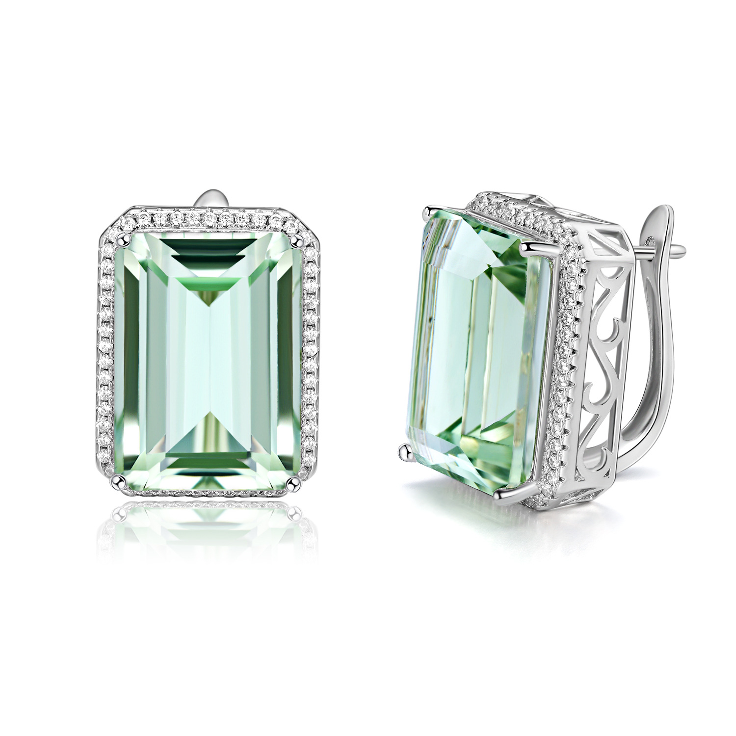 925 Sterling Silver Earrings For Women 20.65ct Natural Green Amethyst Crystal Stud Earring