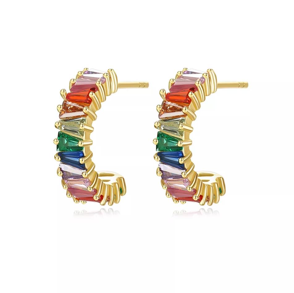 925 Sterling Silver Rainbow Earrings for Women Multicolor Cubic Zircon Cuff Huggie Earrings