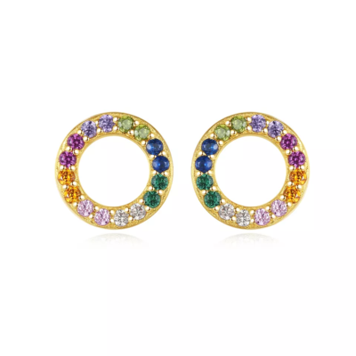 18K Gold Plated Sterling Silver CZ Rainbow Diamond Earrings Circle Minimalist Halo Stud Earrings
