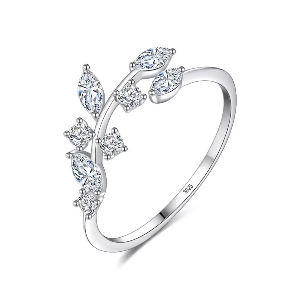 CZ Stone Silver 925 Jewelry Adjustable Open Ring Handmade Olive Leaf Rings for Women